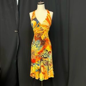 Colorful cocktail dress, any occasion. Figure flattering.